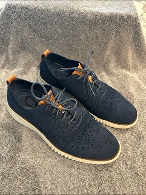 Cole Haan Navy Knit Derby Oxfords with Tan Accents and White Sole